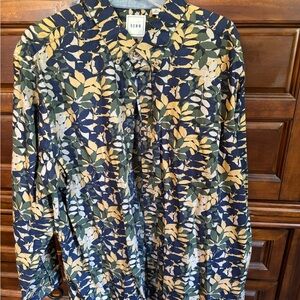 ROWM Navy Botanical Button-Up Shirt with Green & Yellow Leaf Print
